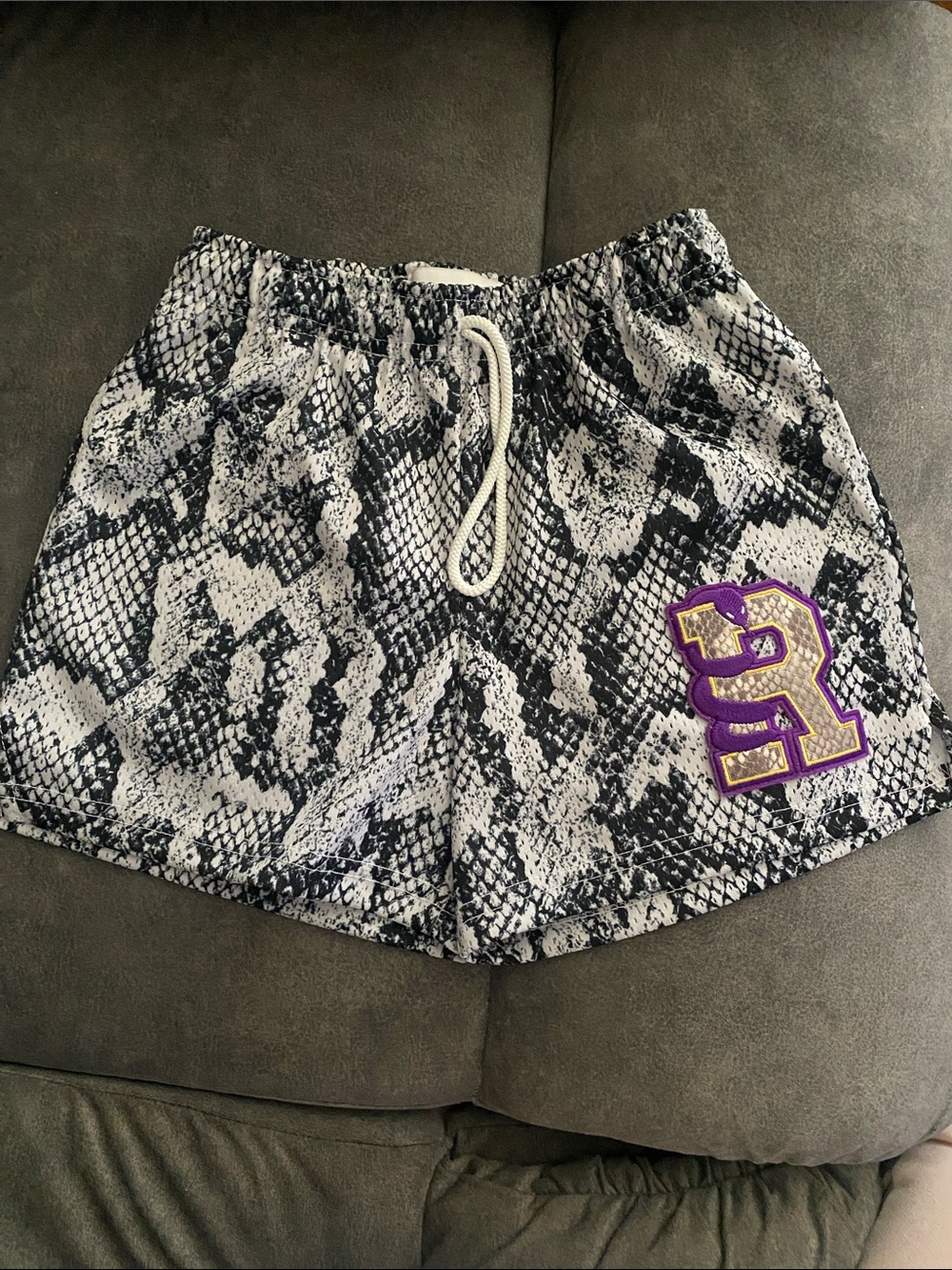 Snake-Print Drawstring boys youth Shorts with Purple Patch